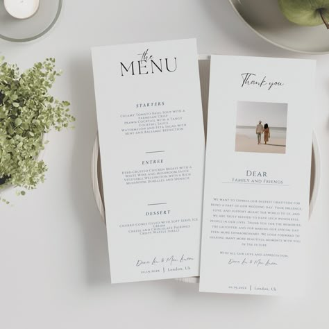 Wedding Dinner Thank You Note, Modern Wedding Bar, Rustic Wedding Menu, Menu Cards Wedding, Minimalist Modern Wedding, Wedding Table Menus, Thank You Template, Wedding Dinner Menu, Bar Menu Wedding