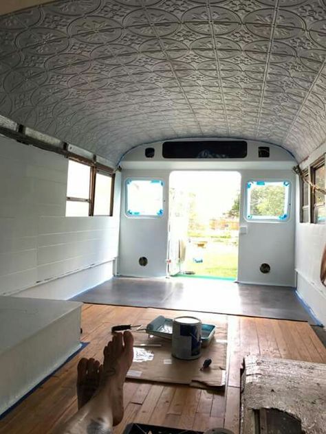 Ceiling tins in a skoolie Bus Ceiling Ideas, School Bus Renovation, Truck Camper Interior, Camper Interior Ideas, Bus Renovation, Skoolie Ideas, Bus Remodel, Serro Scotty, Bus Party