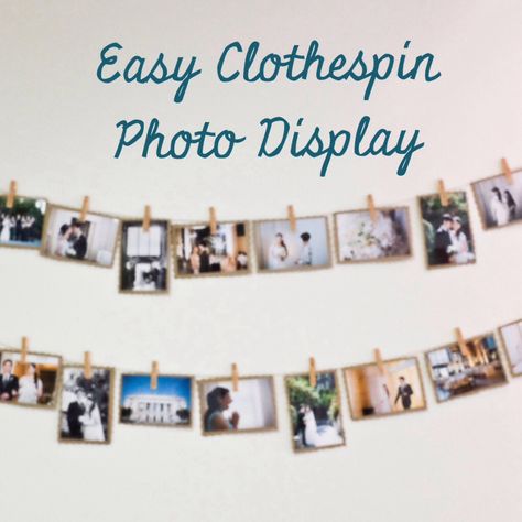 Looking for ways to display your photos without paying for expensive framing? Try this super simple DIY project with just a few materials! Clothesline Picture Display, Hallway Collage, Clothespin Photo Display, Photo Display Diy, Photo Clothesline, Clothesline Pictures, Displaying Family Pictures, Photo Collage Ideas, Diy Photo Display