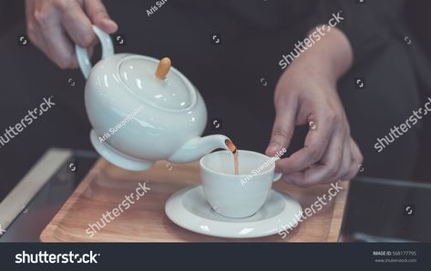 Pouring Tea Reference, Teapot Pouring Tea, Plate Reference, Teapot Drawing, Pouring Tea, Body References, Space Drawings, Pose References, White Cups