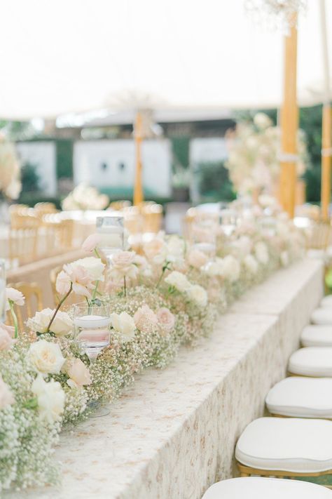 Head table pale pink and white flower runner with babies breath and roses. Charleston destination wedding reception decor. Charleston destination wedding photographer. Long Tables Wedding Reception, Pink Fall Wedding, Fall Destination Wedding, Baby's Breath Wedding Flowers, Head Table Wedding Decorations, Save Wedding, Downtown Charleston Sc, Flower Runner, Long Table Wedding