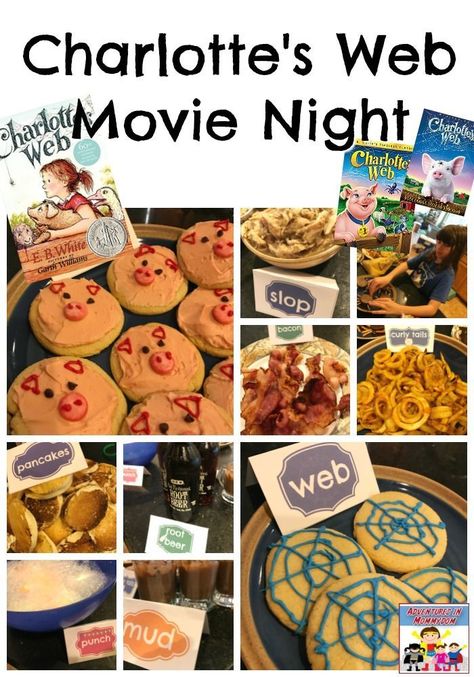 Charlotte's web movie night Charlotte's Web Craft, Charlottes Web Movie, Charlottes Web Activities, Charlotte's Web Book, Family Movie Night Themes, Disney Themed Movie Night, Disney Movie Night Food, Disney Movie Night Dinner, Charlotte’s Web