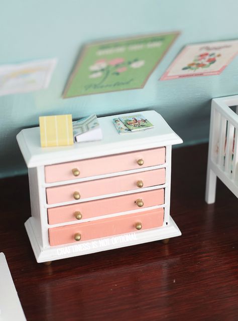 amazing DIY dollhouse by craftiness is not optional Plastic Dollhouse Furniture Makeover, Miniature Dresser Diy, Dollhouse Dresser Diy, Barbie Nursery Diy, Dollhouse Nightstand Diy, How To Make Doll House Furniture, Dollar Tree Dollhouse Furniture, Barbie Crafts Diy, Magnolia Dollhouse