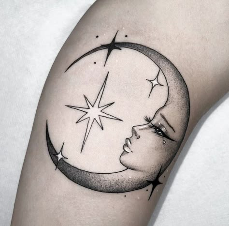 Face In Moon Tattoo, Half Moon Face Tattoo, Dark Moon Tattoo Design, Moon Tattoo With Face, Moon With Face Tattoo, La Luna Tattoo, Moon Face Tattoo, Quirky Tattoos, Esoteric Tattoo