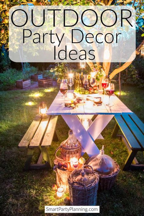 Selection of outdoor party decor ideas that will make decorating your special occasion super easy. Create a space for large or small gatherings that will ensure you celebrate in style. Rustic Birthday Party Decorations, Backyard Yoga, Outdoor Party Ideas, Backyard Party Ideas, Outdoor Birthday Party Decorations, Outdoor Party Decor, Lawn Party Decorations, Lake Birthday, Adult Party Decorations