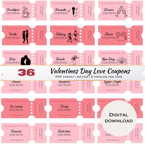 Surprise your special someone with our set of 36 Love Coupons, the perfect Valentine's Day gift. Ideal for him or her, these printable love vouchers are also great for anniversaries and couples. Each coupon is designed to add a touch of romance and fun to your relationship. Instantly download this digital product and print the vouchers for a personalized and thoughtful gift. Show your love in a unique way with these beautifully crafted love coupons. Love Coupons For Him, Coupons For Boyfriend, Couples Coupons, Back To School Kids, Gift Printable, Love Coupons, Coupon Book, Couple Gift, Valentine Day Love