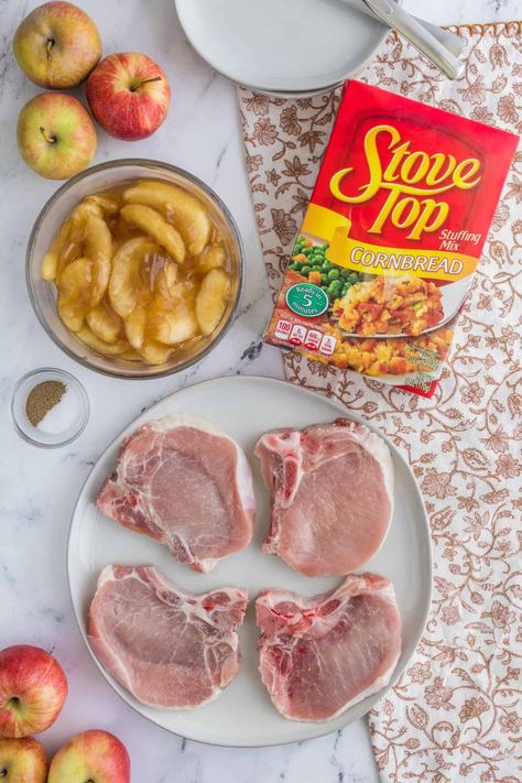 4 Ingredient Oven Baked Pork Chops is the perfect recipe if you need a quick fix for dinner. Grabbing four ingredients quickly from the grocery store and assembling and relaxing while dinner cooks is the perfect way to spend an evening after a busy day. Apples and pork chops pair gorgeously for fall or any time over the winter too. Baked Pork Chops And Potatoes In Oven, Apples And Pork Chops, Slow Baked Pork Chops In Oven, Pork Chop Recipes With Apples, Pork Chops With Apple Pie Filling, Apple Pie Pork Chops, Bone In Pork Chops And Stuffing In The Oven, Pork Chops And Apples Recipes, Pork Chops For 2