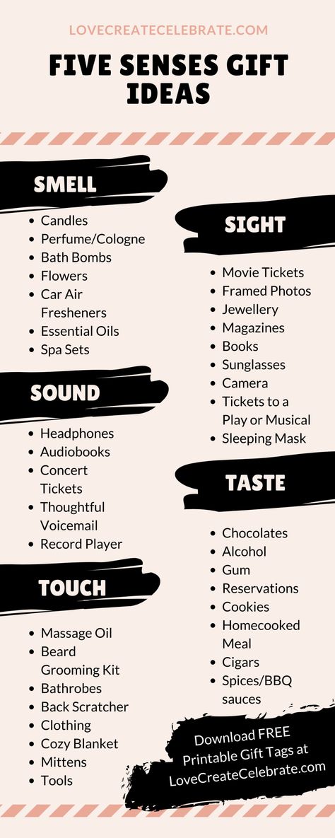 Gift ideas for your five senses gift! Ideas for your sense of smell, taste, touch, sight, and sound or hearing. Perfect for valentines day, a birthday, an anniversary, etc. Great ideas for creative five senses gifts for him or her. 5 Senses Gift For Boyfriend, Gifting Aesthetic, Gift Idea Aesthetic, Anniversary Gift Ideas For Him Boyfriend, 5 Senses Gift, Joululahjat Diy, Five Senses Gift, Gift Ideas Aesthetic, Senses Gift