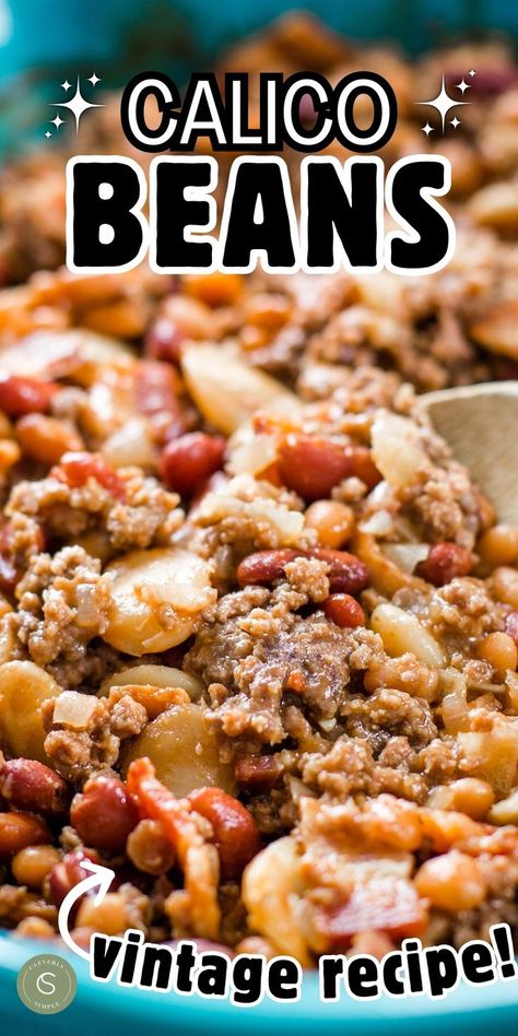 close up of beans, bacon and ground beef in calico beans Best Calico Beans Recipe, 3 Bean Casserole, Beans And Ground Beef, Calico Beans Recipe, Ground Beef And Bacon, Calico Beans, Types Of Beans, Easy Side Dish, Beans Recipe