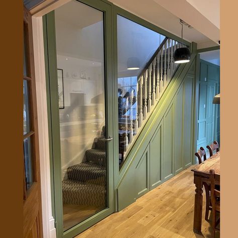 Glass Staircase Kitchen, Fire Rated Glass Door, Carpentry Details, Enclosed Staircase, Wall Stairs, Open Trap, Tudor Cottage, Internal Glass Doors, House Staircase