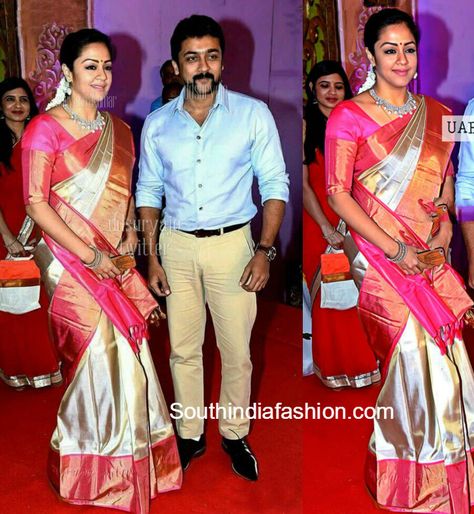 Surya and Jyothika at Radhikas Daughter Rayanes Wedding photo Jothika In Saree, Surya And Jyothika, Surya Jyothika, Wedding Saree Collection, South Indian Sarees, Indian Men Fashion, Indian Saree Blouse, Indian Saree Blouses Designs, Silk Saree Blouse Designs