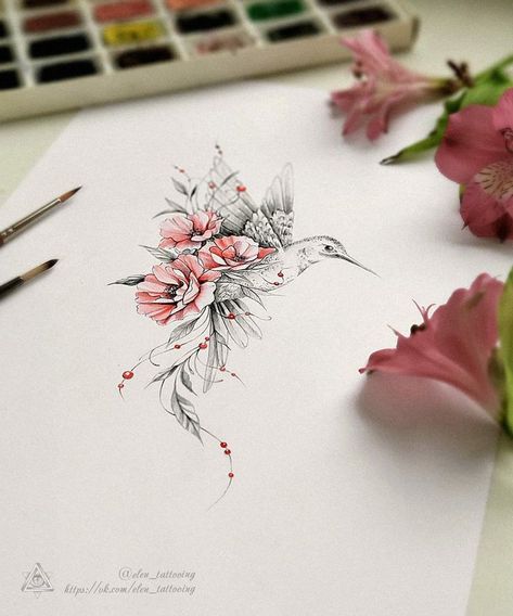 Hummingbird Flower Tattoos, Tattoos For Women Flowers, Geniale Tattoos, Tatuaje A Color, Hummingbird Tattoo, Up Tattoos, Elegant Tattoos, Feminine Tattoos, Creative Tattoos