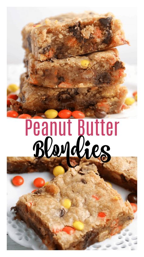 This peanut butter blondies recipe with Reese's pieces are seriously to die for. These take about 10 minutes to throw together and bake up in less than 30. Throw in some chocolate chips for the best dessert ever. Reese’s Peanut Butter Brownies, Xmas Squares, Peanut Butter Blondies Recipe, Reese's Peanut Butter Bars, Best Dessert Ever, Peanut Butter Blondies, Reese's Pieces, Bake Sale Recipes, Homemade Recipes Dessert