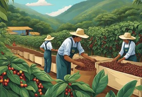 Lush coffee plants grow alongside a traditional Colombian coffee processing station, while workers carefully handpick ripe arabica coffee cherries Coffee Hamper, Coffee Processing, Coffee Education, Coffee Hampers, Sumatra Coffee, Brazil Coffee, Coffee Plants, Types Of Coffee Beans, Colombian Art