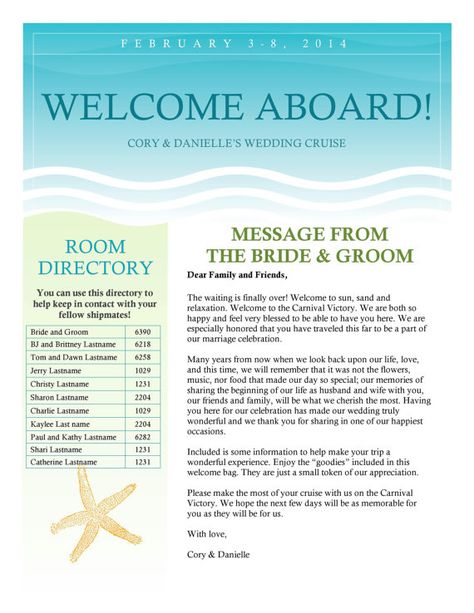 Cruise Wedding Welcome Letter Newsletter by PicturePerfectBooks Cruise Beach Wedding, Cruise Destination Wedding, Cruise Vow Renewal Ideas, Cruise Wedding Ideas Carnival, Cruise Ship Wedding Ideas, Cruise Wedding Decorations, Wedding Cruise Ideas, Cruise Wedding Ideas, Cruise Ship Wedding Invitations