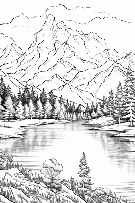 Landscapes Coloring Pages, Scenery Coloring Pages Nature, Landscape Coloring Pages Free Printable, Sketch Of Scenery, Nature Coloring Pages For Adults, Detailed Coloring Pages For Grown Ups, Mountain Coloring Pages, Mascot Character Design, Nature Coloring Pages