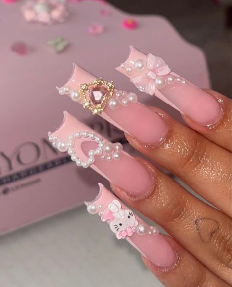 Long Acrylic Nails With Charms, Latina Nail Designs Pink, Kawaii Nails Acrylic, Pink Nail Sets, Coquette Hello Kitty, Kitty Nails, Girly Acrylic Nails, Hello Kitty Nails, Long Acrylic Nails Coffin