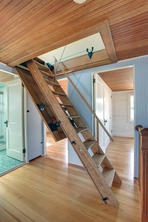 Attic Stairs Pull Down, Bathroom Under Stairs, Loft Staircase, Attic Staircase, Attic Doors, Modern Small Bathrooms, Loft Stairs, Multifunctional Furniture Small Spaces, Attic Stairs