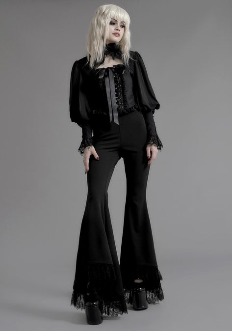 Goddess Of Fate, Bell Bottoms Black, Lace Bell Bottoms, Goth Outfit Inspo, Bell Bottoms Outfit, Occult Clothing, Goth Look, Romantic Goth, Alt Fashion