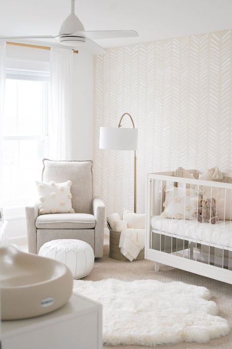 Nursery With Carpet Floor, Cream And White Nursery Ideas, All White Nursery Girl, Studio Mcgee Nursery Ideas, White And Tan Nursery, Baby Room Neutral Colors, Nursery Colors Neutral, Cream Nursery Ideas, Nursery With Carpet