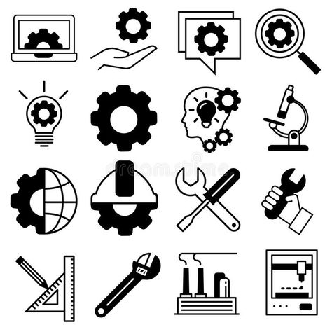 Technology icon vector set. Engineering illustration sign collection. engineer symbol. Manufacturing logo. stock illustration Mechanical Design Logo, Computer Engineering Logo, Mechanical Symbols, Engineering Illustration, Engineering Symbols, Logo Engineering, Engineering Logo, Industrial Engineering, Technology Icon