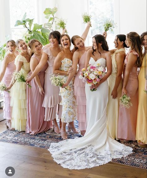 Maid Of Honor In Different Dress, Pink Yellow Bridesmaid Dresses, Pink Yellow Orange Bridesmaid Dresses, Multicolored Bridesmaids Dresses Spring, Spring Pastel Bridesmaid Dresses, Summer Mismatched Bridesmaid Dresses, Light Pink And Yellow Wedding, Yellow And Pink Bridesmaid Dresses, Pink And Yellow Bridesmaid Dresses