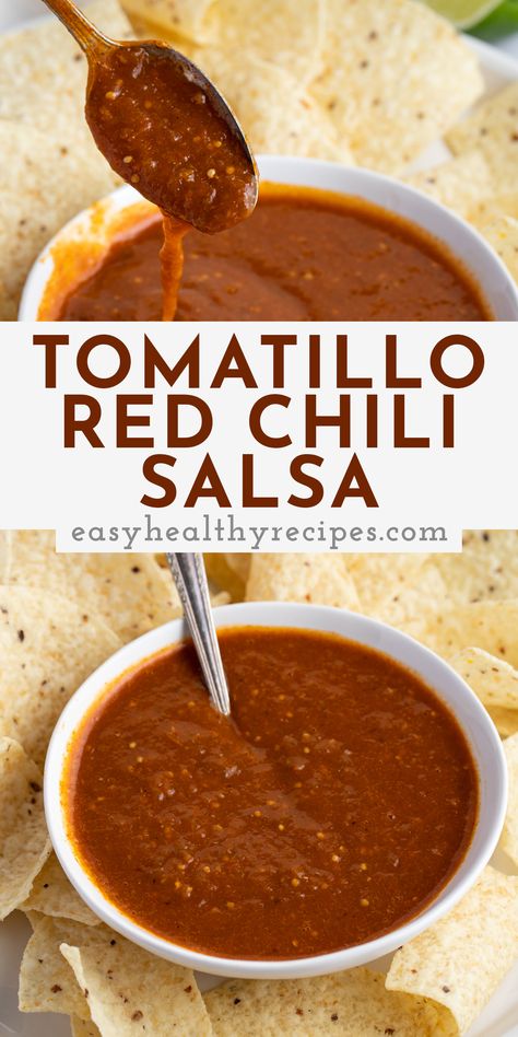 This spicy tomatillo red chili salsa is a perfect homemade version of everyone's favorite hot Chipotle salsa. Charred tomatillos, spicy red chile powder, lime juice, and a little Tabasco create a delightfully flavorful side perfect for tortilla chips, taco salads, or burrito bowls. Red Tomatillo Salsa, Red Chili Salsa Recipe, Tomatillo Red Chili Salsa, Chili Salsa Recipe, Red Chili Salsa, Chili's Salsa Recipe, Hot Salsa Recipes, Healthy Sauce Recipes, Easy Homemade Salsa Recipe