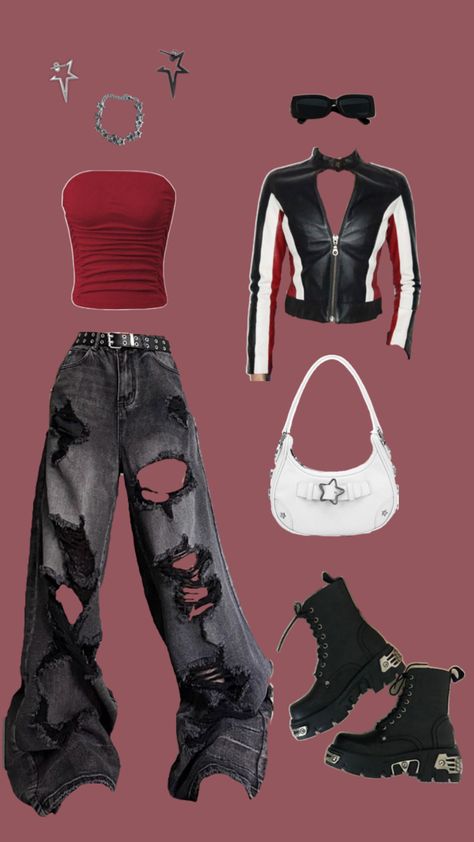 outfit idea for riding on the back of a strange, but hot man’s motorcycle. the thrill of possibly being initiated into a biker gang. ur man will never find out. Streetwear Baddie, Biker Gang, Concert Fits, Motorcycle Outfit, Biker Style, Kpop Outfits, Baddie Outfits, Outfit Idea, Pretty Outfits