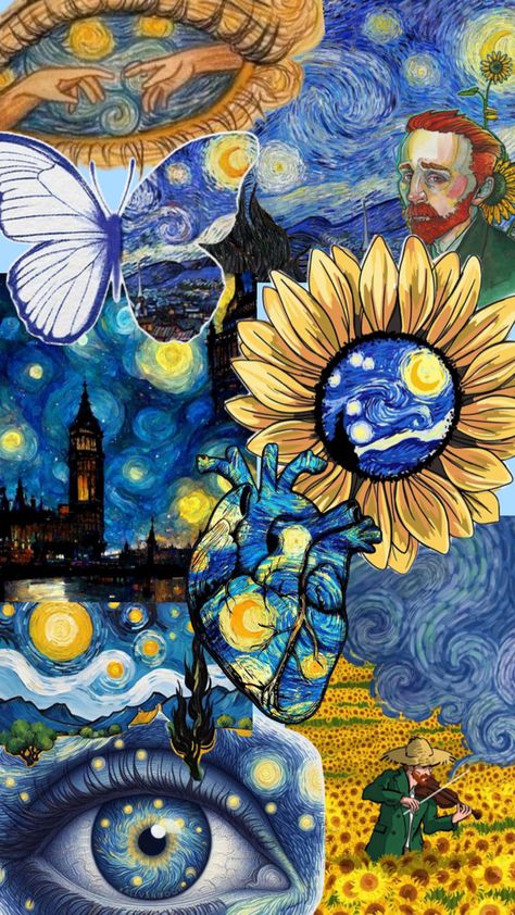 Van Gogh Starry Night and Sunflowers Van Gogh Drawings, فنسنت فان جوخ, Van Gogh Wallpaper, Peace Poster, Starry Night Art, Cute Disney Drawings, Arte Van Gogh, Van Gogh Paintings, Van Gogh Art