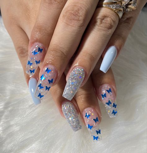 Nails 2023 Trends Butterfly, Gel X Butterfly Nails, Transparent Butterfly Nails, Butterfly And Rhinestone Nails, Nails Acrylic Butterfly Short, Cute Acrylic Nails With Butterflies, Incapcilated Butterfly Nails, Nail Acrylics With Gems, Nail Designs With Clear Nails