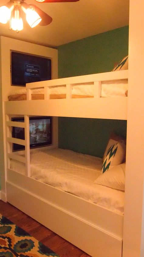 Bunkbeds with TV's by Buckeye Custom Woodworks, Nashville TN Bunk Bed Tv Ideas, Tv Bunk Beds, Tv Bunk Bed, Bunk Bed Turned Loft Bed, Enclosed Top Bunk Bed, Short Bus Bunk Beds, Built In Bunk Beds Plans Rustic, Bunk Beds Behind Barn Doors, Kids Shared Bedroom