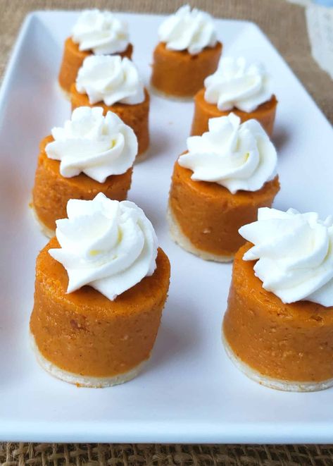 pumpkin pie cut out in circles with whipped cream Mini Pumpkin Pies Recipe, Live Well Bake Often, Finger Food Desserts, Pumpkin Pie Recipe Easy, Pumpkin Whoopie Pies, Crazy For Crust, Mini Pumpkin Pies, Pie Bites, Easy Pumpkin Pie