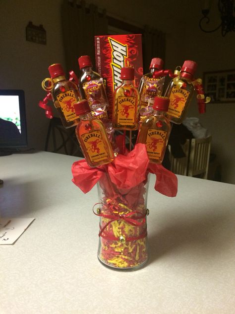 Fireball Bouquet I made for Beccas B-day.. Mini Fireball Gift Ideas, Fireball Gift Ideas, Whiskey Gift Ideas, Whiskey Gift Basket, Alcohol Basket, Whiskey Gifts Basket, Raffle Basket Ideas, Booze Bouquet, Alcohol Bouquet