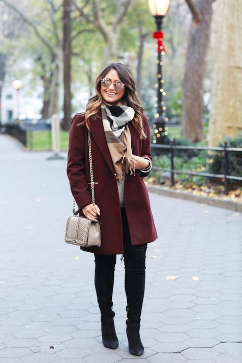 Christmas Day Outfit Ideas - Haute Off The Rack Day Outfit Ideas Summer, Xmas Day Outfit, Xmas Day Outfit Ideas, Burgundy Coat Outfit, Outfit Ideas With Boots, Burgundy Coat, Christmas Outfit Casual, Burgundy Scarf, Day Outfit Ideas