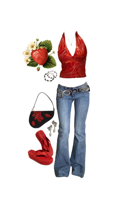 Y2K, saddle bad, red, strawberry outfit, 00s, ringbelt Strawberry Shortcake Y2k, Red Y2k Outfit, Strawberry Outfit, Red Y2k, Red Strawberry, Fly Girl, Baddie Outfits, Strawberry Shortcake, Fashion Inspo Outfits