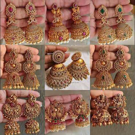 South indian imitation earrings, Indian Imitation earrings, Chandbalis, Pearl Earrings Jumki Design Gold Bridal, Bridal Jhumkas Gold, Bridal Gold Earrings Weddings, Jumka Earrings Gold Indian Jewelry, Jumkas Gold Indian Bridal, Jimki Designs, Jimikki Kammal Gold, Gold Jhumka Designs Indian Weddings, Buttalu Earrings Gold Bridal