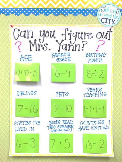 School and the City: How to Make a Reusable, Interactive, "Math About Me" Anchor Chart -- so cute for meet the teacher, open house, or back to school! Adapt the math problems to your grade level. Teacher Open House, Chart School, First Day Of School Activities, Back To School Night, 3rd Grade Classroom, Math About Me, Second Grade Math, Third Grade Math, Meet The Teacher