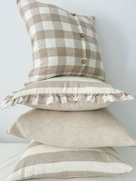 Affordable 100% OEKO-TEK certified (no nasty chemicals) Pure French Linen cushion covers.  Soft earthy tones of the latest trending patterns of Natural Gingham, Natural Wide Stripe and Natural linen.  Elegant ruffles to finish off a classic coastal look for your home.  Muted colors to enhance the look and feel of any setting.  Timeless home styling that's affordable for everyone! Gingham Linen, Natural Linen Fabric, Throw Pillows Christmas, French Linen, Luxury Linen, Linen Cushion, Soft Pillows, Bed Decor, Linen Pillows