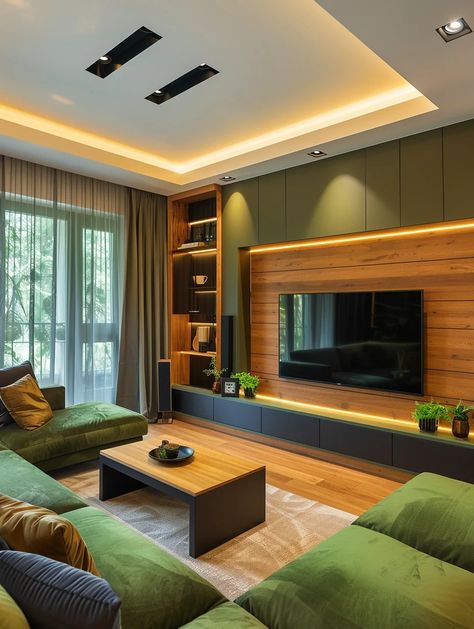 Green Cinema Room, Green Media Room, Green Tv Wall, Green Tv Unit, Tv Wall Design Small Space, Basement Cinema, Brown And Green Living Room, Modern Green Living Room, Interior Design For Living Room