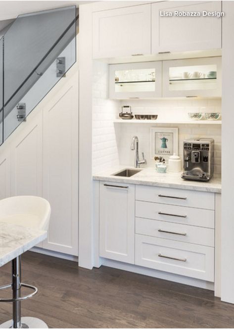 all-white bar nook with small sink, drawers, coffee station + subway tile from Lisa Robazza Design تحت الدرج, Home Coffee Stations, Coffee Bars In Kitchen, Basement Kitchen, Coffee Nook, Small Sink, Coffee Bar Home, Kitchen Cabinet Remodel, Marble Counter