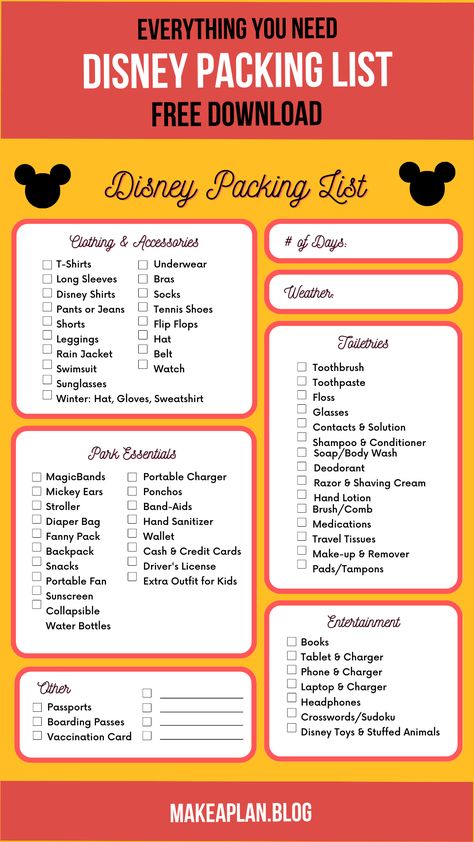 Disneyworld Checklist Packing Lists, What To Pack For A Day At Disneyland, Disneyland Checklist Packing Lists, Disney World Checklist Packing Lists, Disney Packing List Families Free Printable, Disney Trip Checklist, Essentials For Disney World, Disney Trip Planning Packing Lists, Disney Pack List