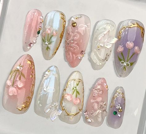 Fairytale Nail Designs, Fairytale Nails, Lilac Nails Design, Claire's Nails, Glitter French Nails, Girls Nail Designs, Coquette Nails, Magic Nails, Hello Nails