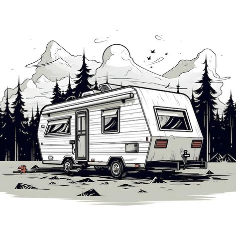 Rv Illustration, Rv Drawing, Rv Pictures, Creative Digital Art, Camper Caravan, Digital Art Design, Rv Camper, Camping Trailer, Premium Photo