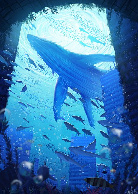 Underwater City, Underwater Art, Whale Art, A Whale, Fantasy Art Landscapes, Fantasy Concept Art, Blue Whale, 판타지 아트, Environment Concept Art