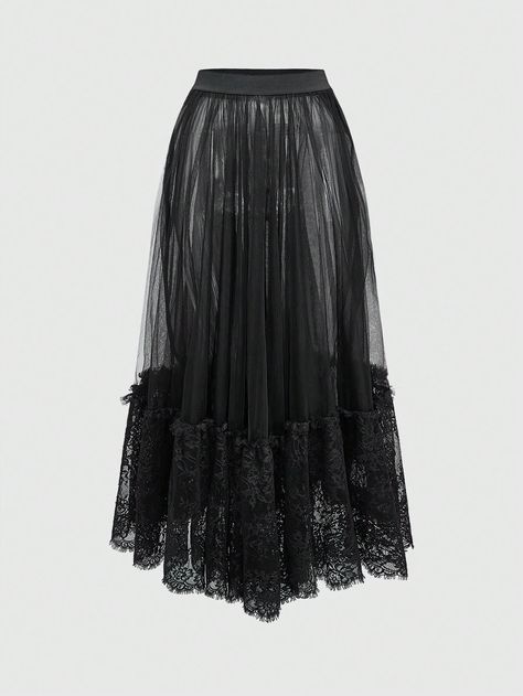 Sexy Gothic See-Through Mesh Lace Trim & Eyelash A-Line Skirt For Women Black Sexy   Mesh Fabric Plain Flared Medium Stretch  Women Clothing, size features are:Bust: ,Length: ,Sleeve Length: Overlay Skirt, Lace Decor, Skirt For Women, Layered Skirt, Inspiration Mode, Sheer Lace, A Line Skirt, Colorful Leggings, Denim Women