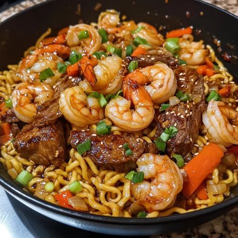 Shrimp & Teriyaki Steak Noodles - Forecipes Beef And Shrimp Lo Mein Recipe, Steak And Shrimp Noodles, Steak Bites And Shrimp Recipes, Sizzle Steak, Steak Noodles, Beef And Shrimp, Shrimp Teriyaki, Shrimp Lo Mein Recipe, Lunch Casserole