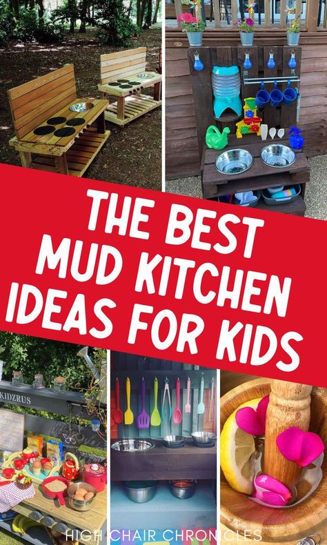 Mud kitchen ideas for kids! Mud Kitchen Decor, Mud Pies Kids Outdoor Play, Outdoor Kitchen Kids Diy, Kids Mud Kitchen Ideas, Diy Kids Mud Kitchen Outdoor Play, Mud Pie Kitchen For Kids, Simple Diy Mud Kitchen, Kids Outdoor Kitchen Diy, Mud Play Area For Kids