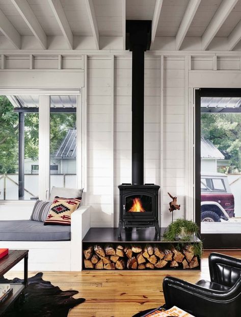 15 Farmhouse Fireplace Ideas That Sizzle | Hunker Wood Stove Decor, Wood Burning Stove Corner, Corner Wood Stove, Farmhouse Fireplace Ideas, Stove Decor, Wood Burning Stoves Living Room, Design Camino, Wood Stove Fireplace, Farmhouse Fireplace