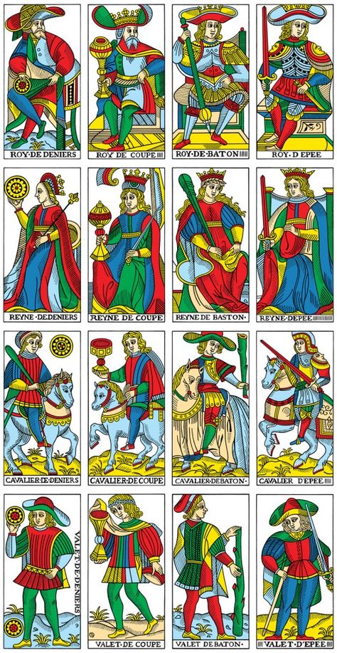 Order and Chaos in the Tarot de Marseille court cards- table structure vs. irregularities in the images and captions. From: Tarot - The Open Reading Marseille Tarot, King Of Cups, Court Cards, Traditional Witchcraft, Le Tarot, Ace Card, Folk Magic, Coin Card, Tarot Art