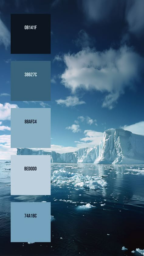 Colors:
0B141F ° 38627C ° 88AFC4 ° BED0DD ° 74A1B Sky Palette Color, Cold Blue Color Palette, Icy Color Palette, Sky Blue Pallette, Cold Color Palette, Sky Color Palette, Futuristic Blue Color Palette, Ocean Color Palette, Wispy Clouds